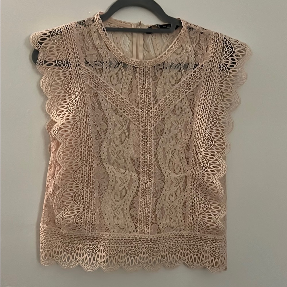 Zara Tan Lace Blouse with Bib Collar No Returns Final Sale